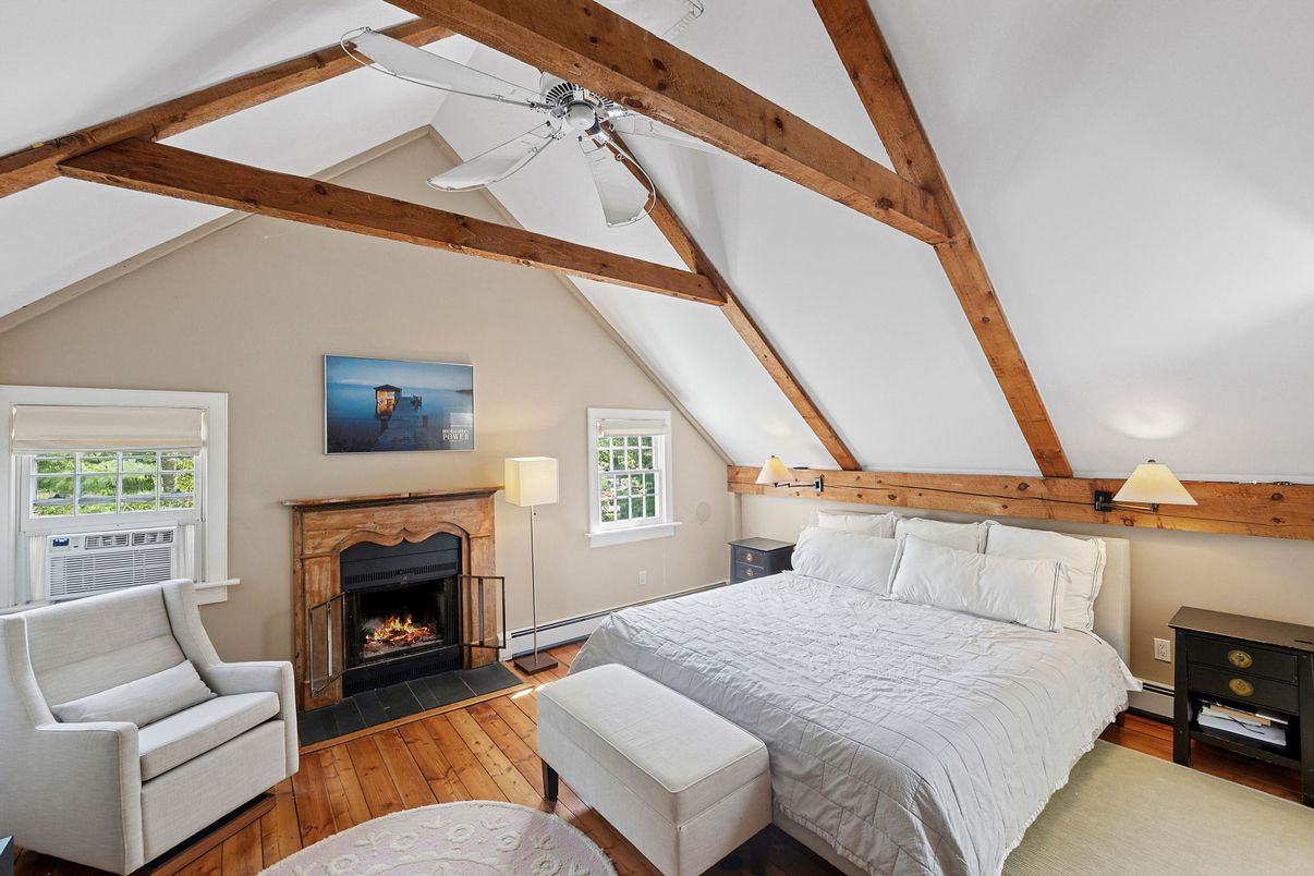 Bedroom, Fireplace, Interior, Wooden Beams, Wood Texture Flooring