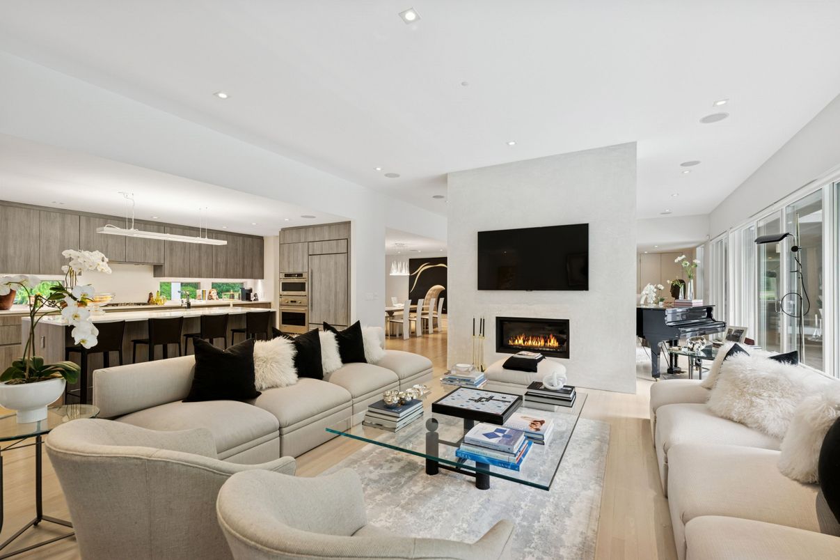 Dining room, Fireplace, Interior, Kitchen, Living room, Recessed Lighting, Wood Texture Flooring