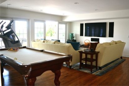 Billiard Table, Fitness Equipment, Game Room, Interior, Living room, Recessed Lighting, Wood Texture Flooring