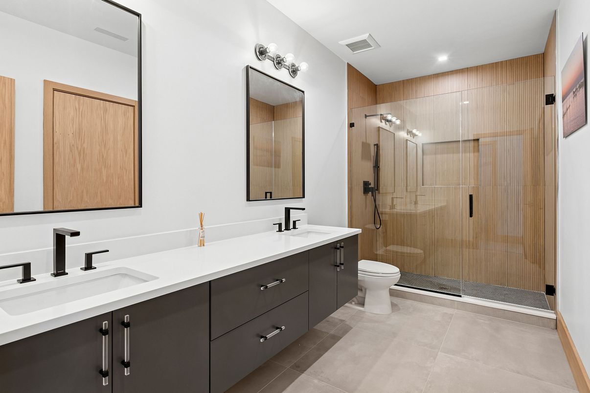 Bathroom, Dual Sink Vanities, Glass Shower, Interior, Recessed Lighting