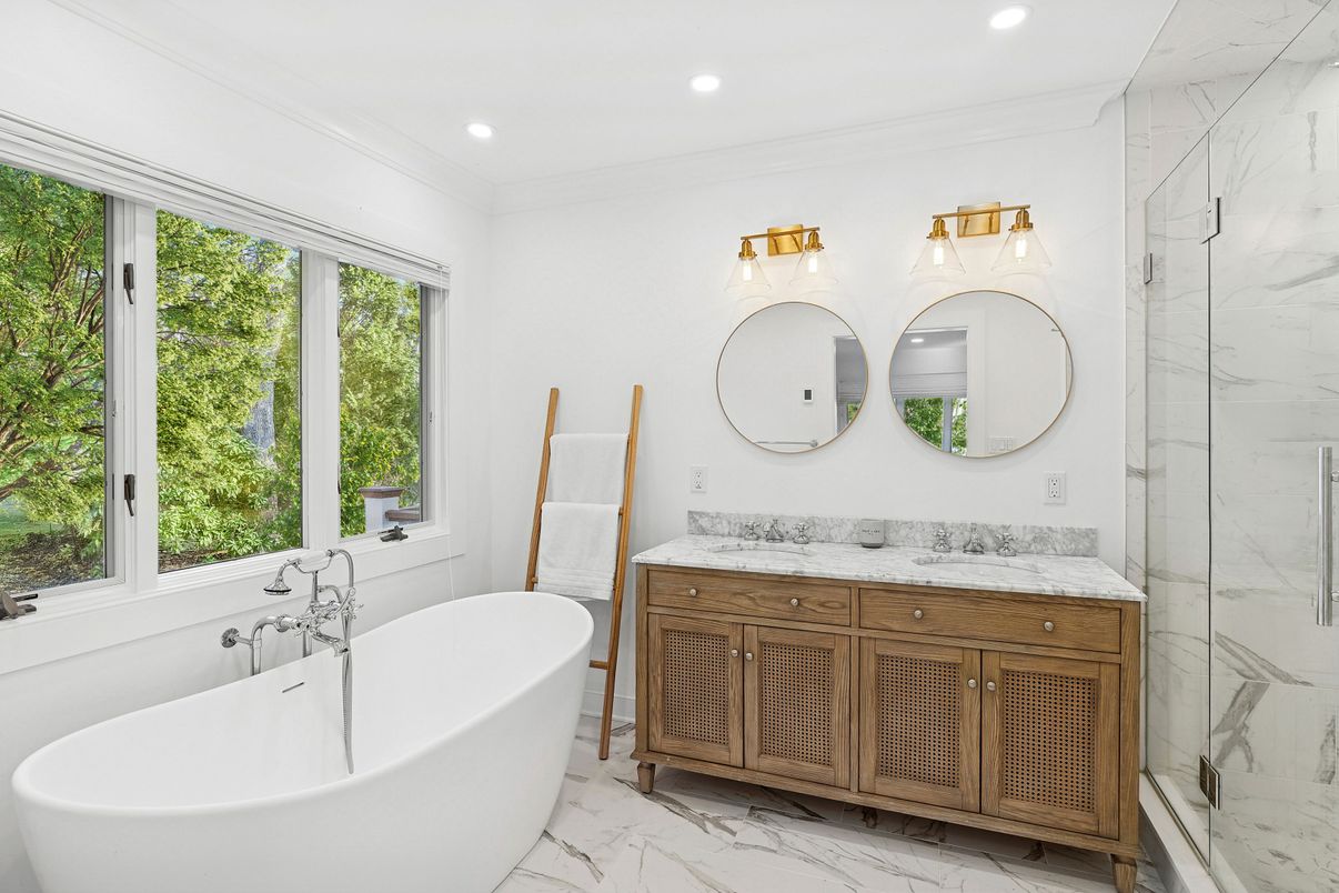 Bathroom, Dual Sink Vanities, Free Standing Baths, Glass Shower, Interior, Marble, Marble Walls, Recessed Lighting