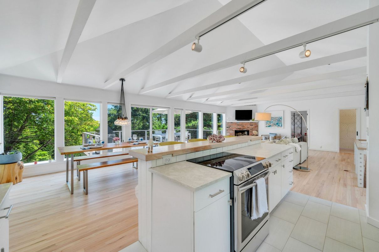 Dining room, Fireplace, Interior, Kitchen, Living room, Pendant Lights, Wood Texture Flooring