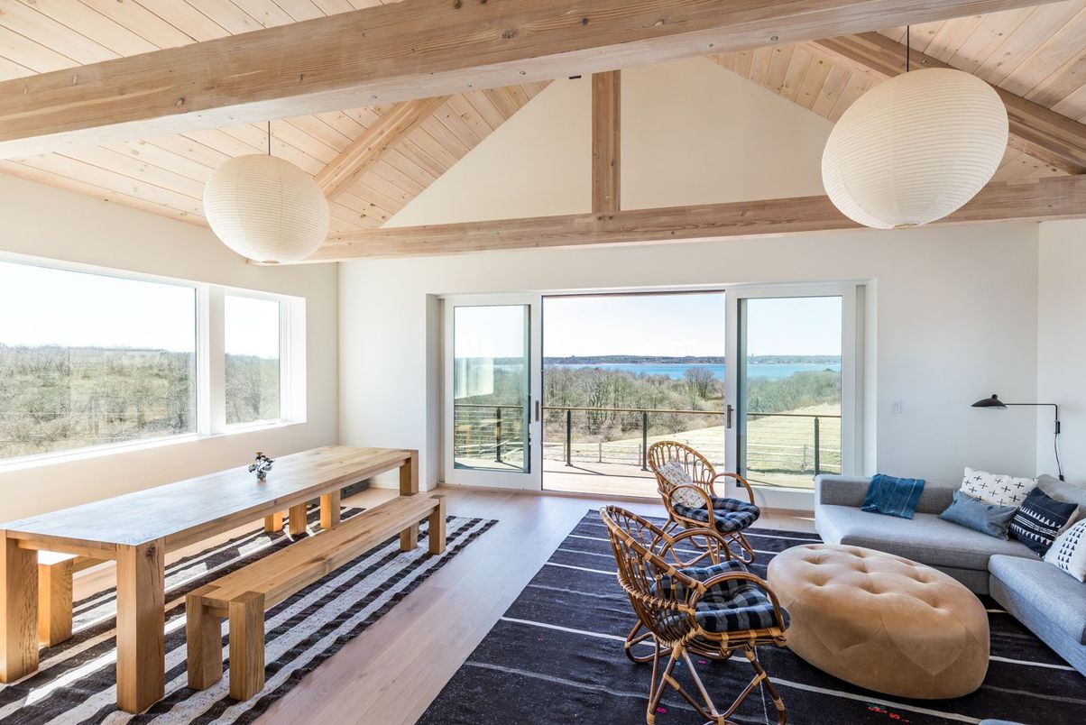 Dining room, Interior, Living room, Pendant Lights, Water, Wooden Beams, Wooden Ceilings, Wood Texture Flooring