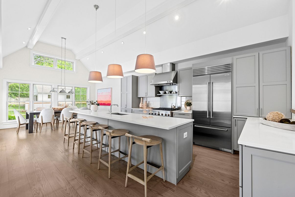 Dining room, Interior, Kitchen, Pendant Lights, Recessed Lighting, Stainless Steel Appliances, Wood Texture Flooring