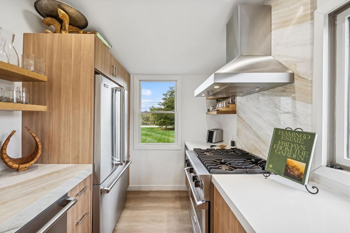 Interior, Kitchen, Marble Walls, Stainless Steel Appliances, Wood Texture Flooring