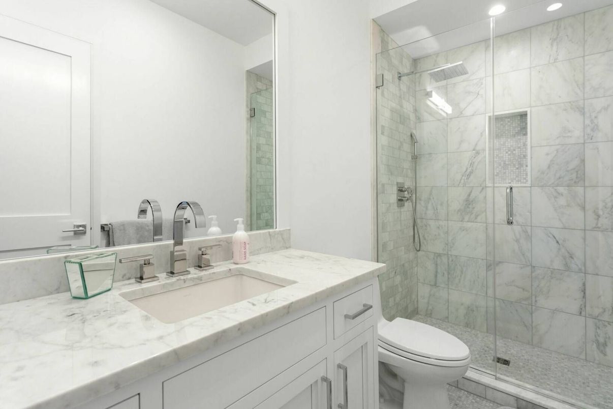 Bathroom, Glass Shower, Interior, Marble Walls, Recessed Lighting