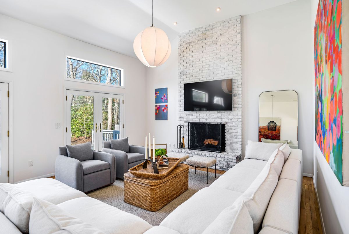 Fireplace, Interior, Living room, Pendant Lights, Recessed Lighting, Stone Walls