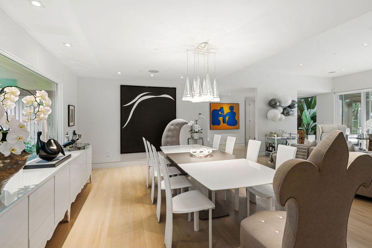 Dining room, Interior, Pendant Lights, Recessed Lighting, Wood Texture Flooring