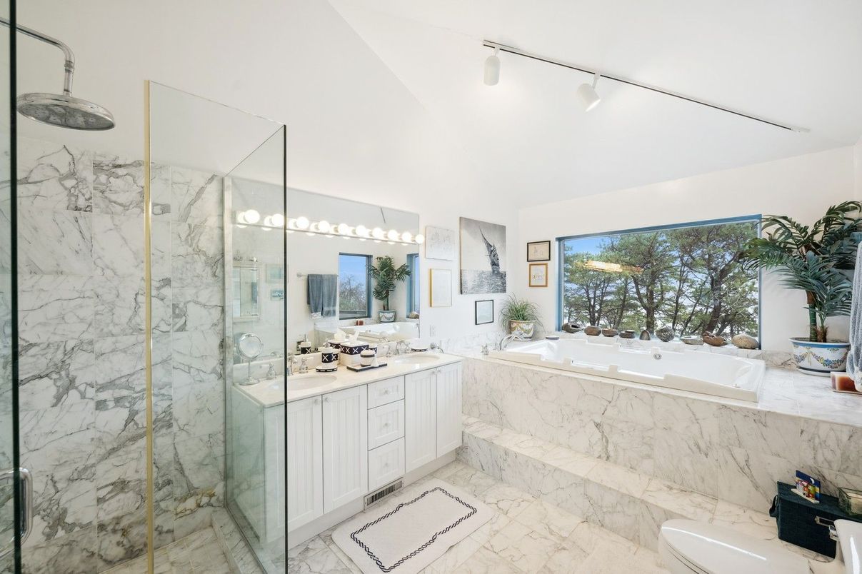 Bathroom, Dual Sink Vanities, Glass Shower, Interior, Marble, Marble Walls