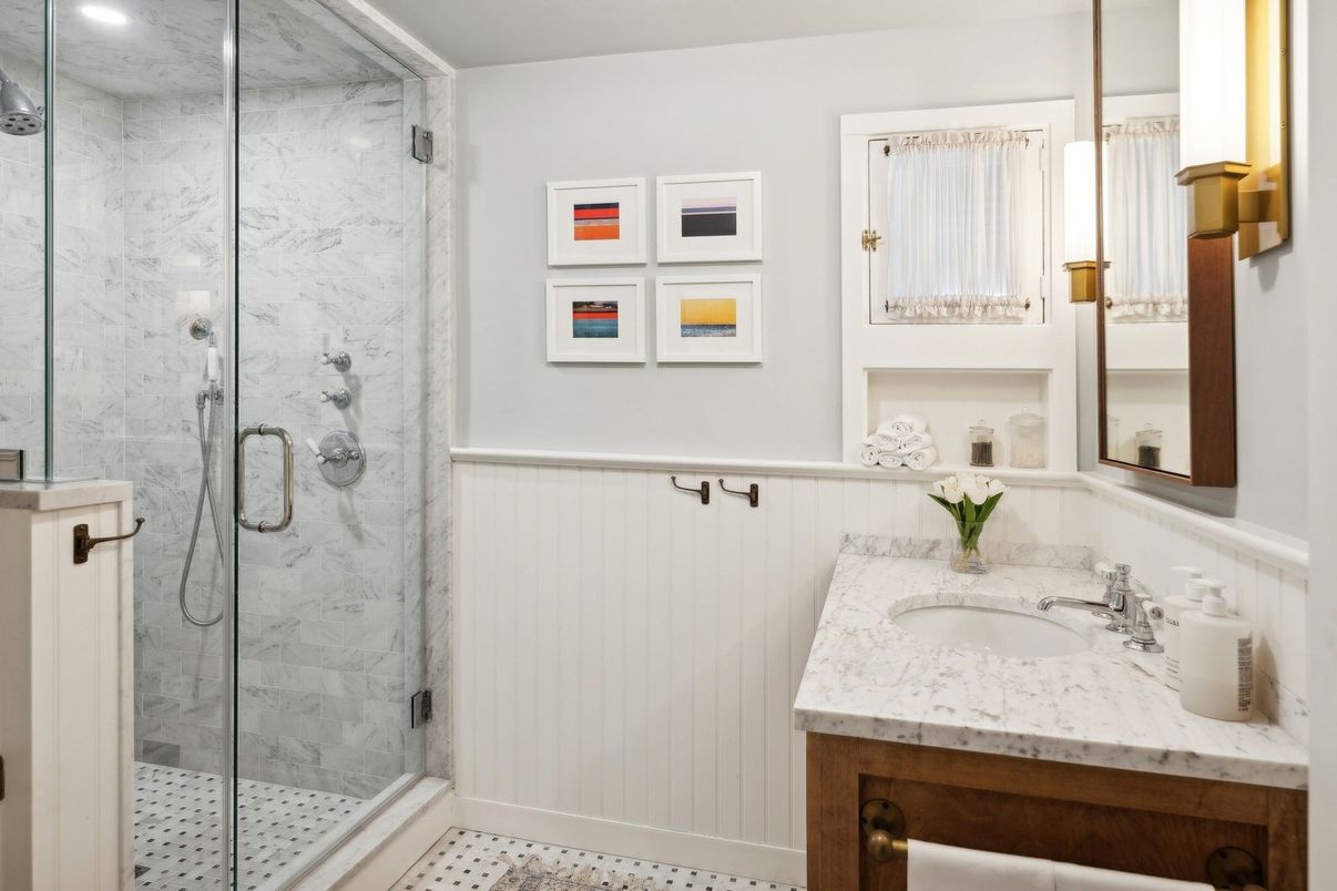Bathroom, Glass Shower, Interior, Marble Walls, Recessed Lighting
