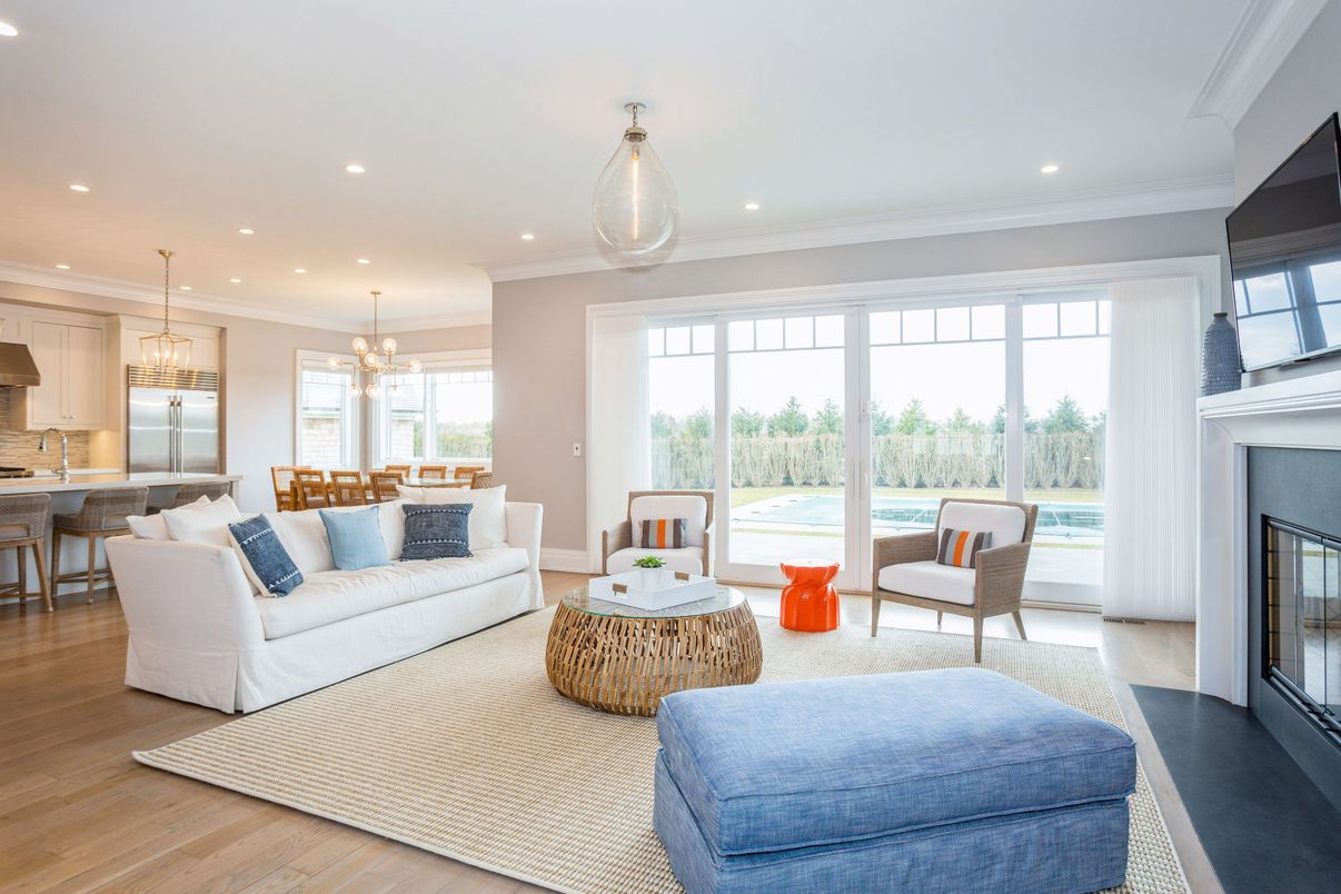 Dining room, Fireplace, Interior, Kitchen, Living room, Pendant Lights, Recessed Lighting, Wood Texture Flooring