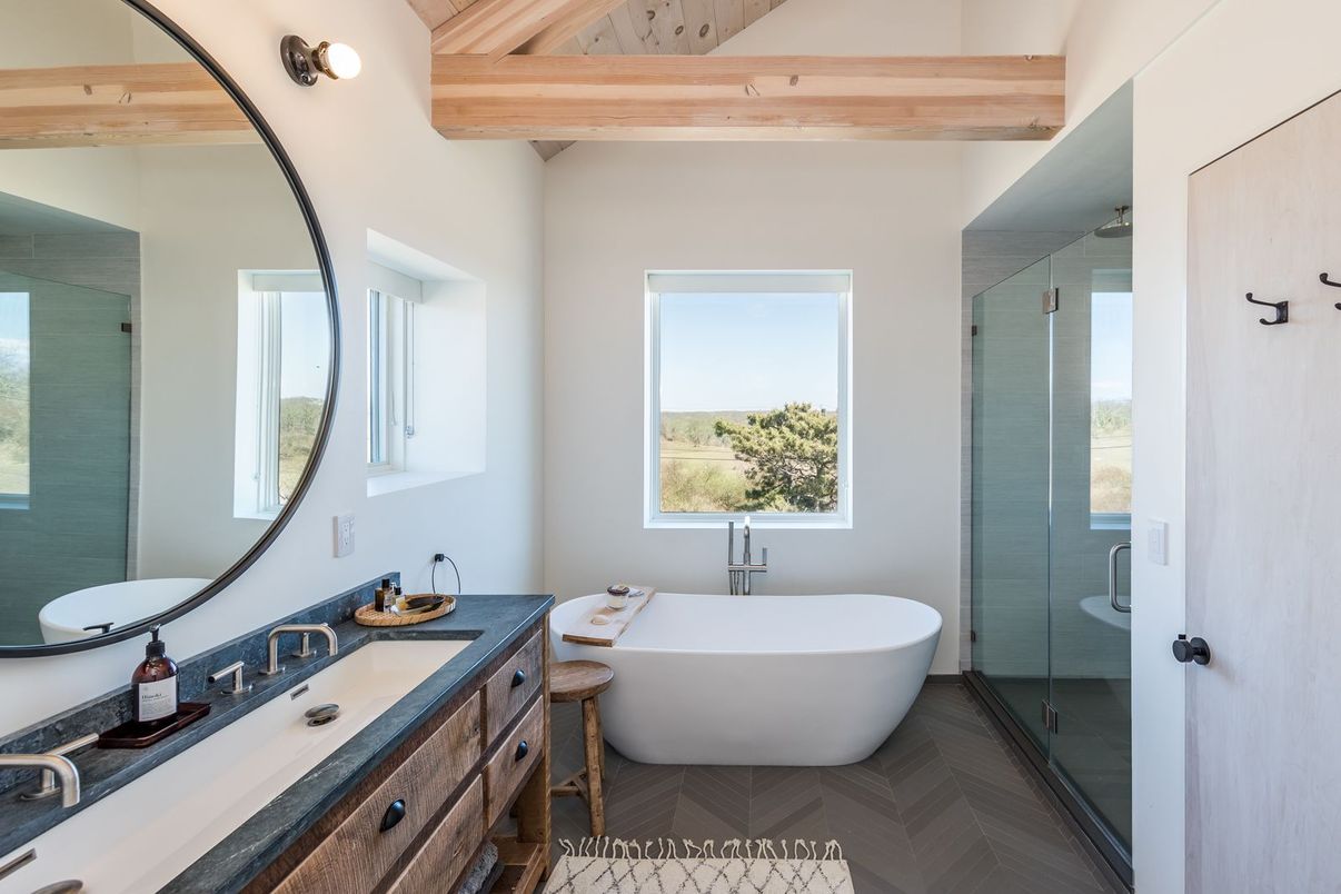 Bathroom, Dual Sink Vanities, Free Standing Baths, Glass Shower, Interior, Wooden Beams, Wood Texture Flooring