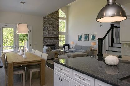 Dining room, Fireplace, Interior, Living room, Pendant Lights, Stone Walls