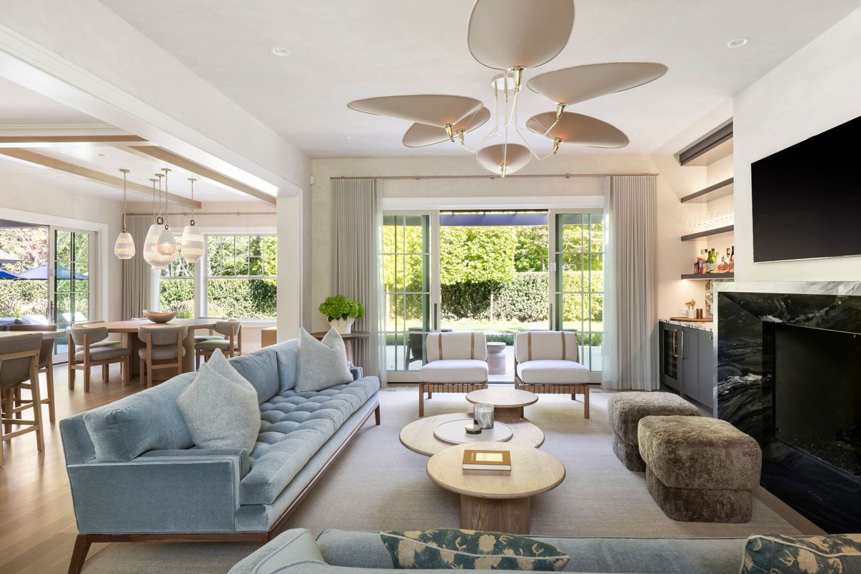 Dining room, Fireplace, Interior, Living room, Pendant Lights, Recessed Lighting, Wood Texture Flooring