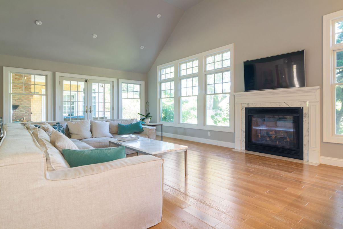 Fireplace, Interior, Living room, Recessed Lighting, Wood Texture Flooring