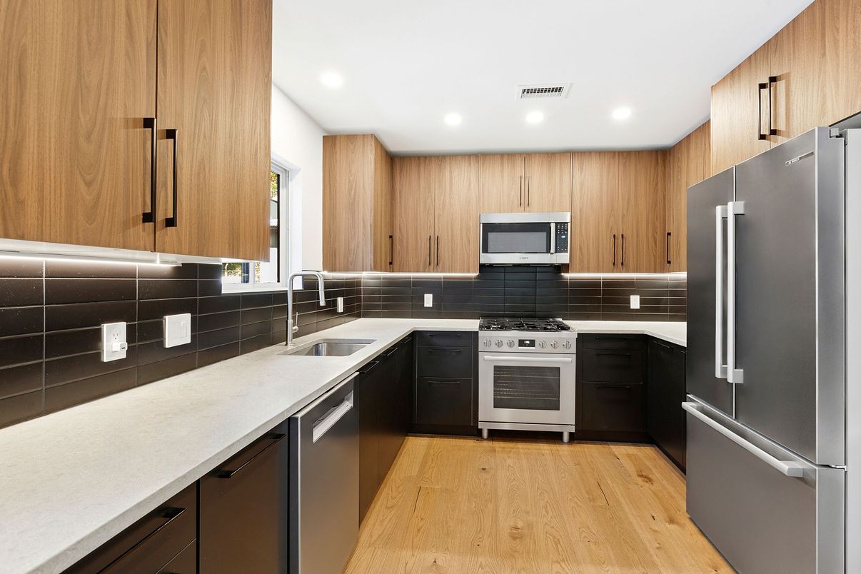 Interior, Kitchen, Recessed Lighting, Stainless Steel Appliances, Wood Texture Flooring