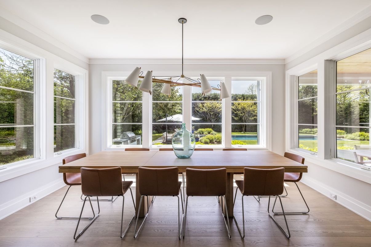 Dining room, Interior, Pendant Lights, Wood Texture Flooring