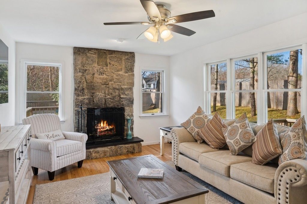 Fireplace, Interior, Living room, Stone Walls, Wood Texture Flooring