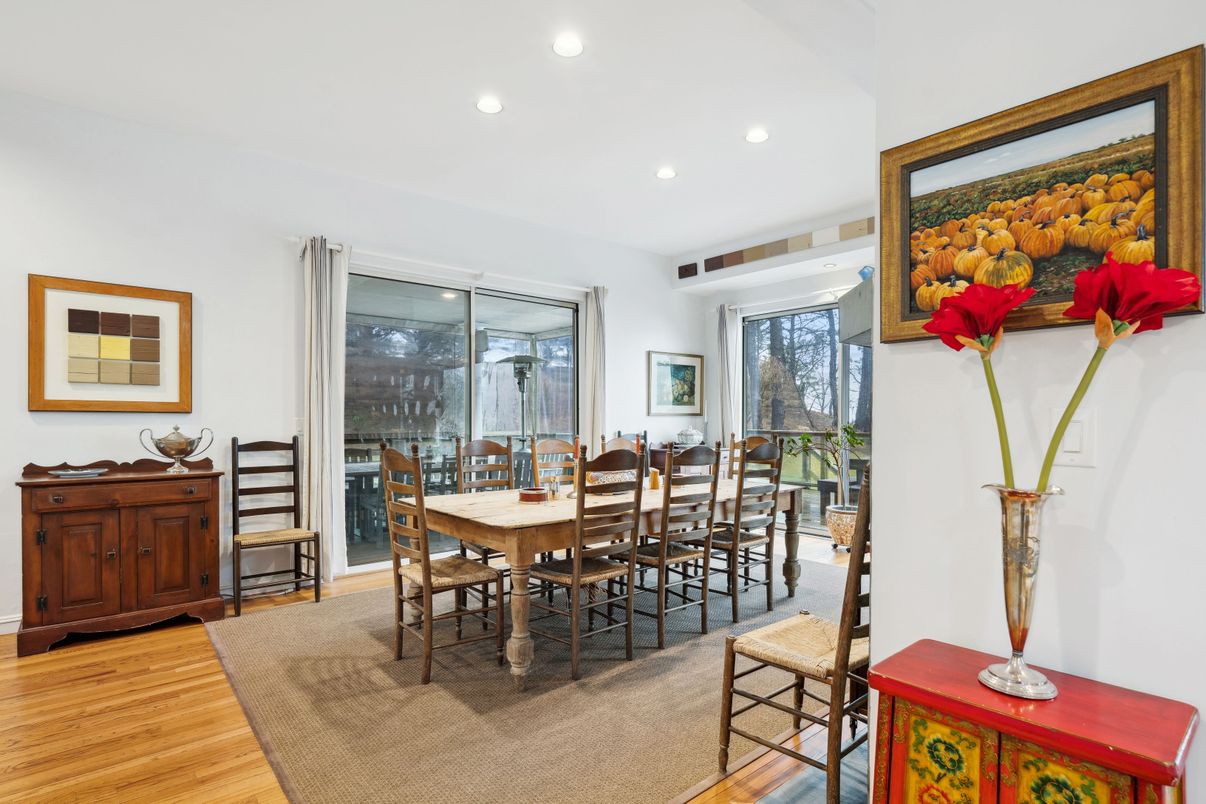 Dining room, Interior, Recessed Lighting, Wood Texture Flooring
