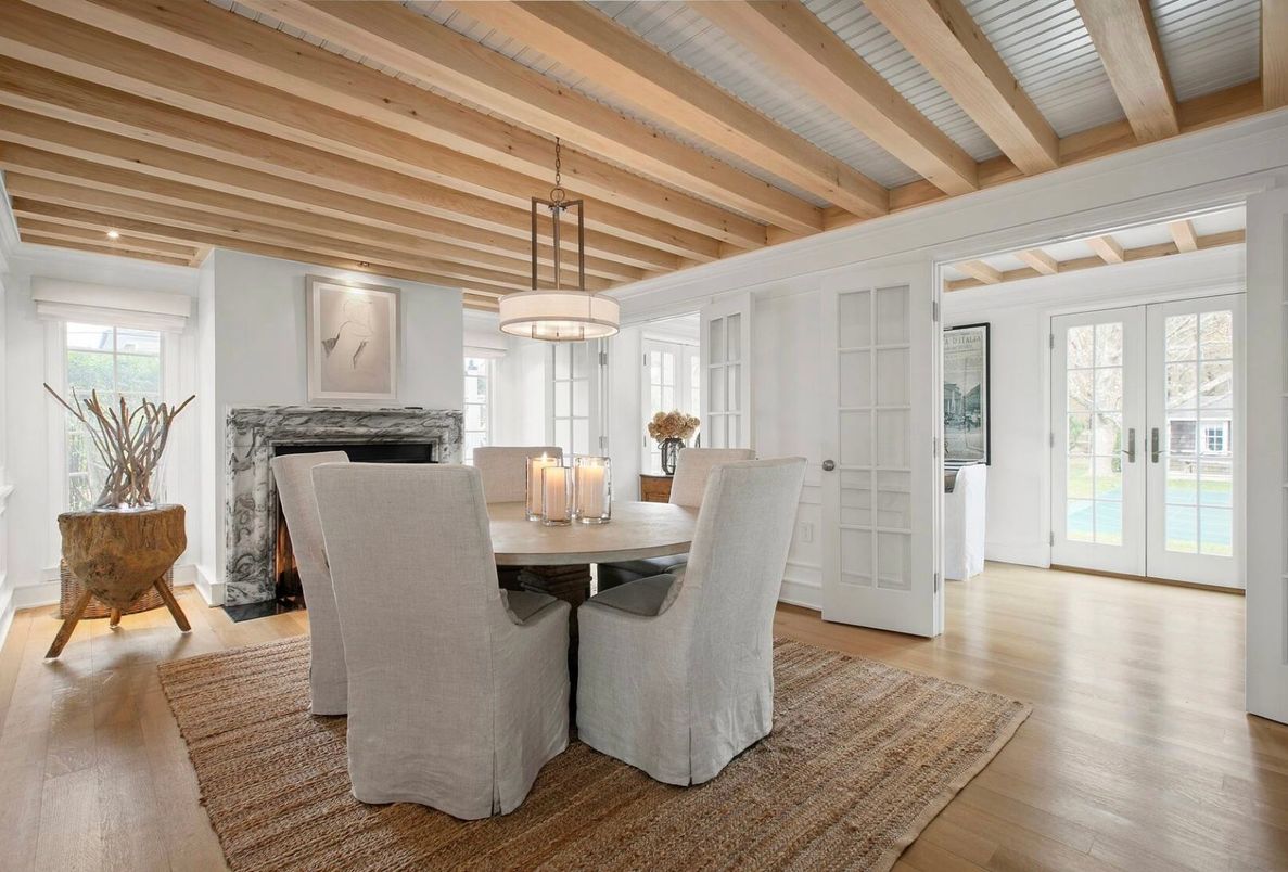 Dining room, Fireplace, Interior, Pendant Lights, Wooden Beams, Wood Texture Flooring