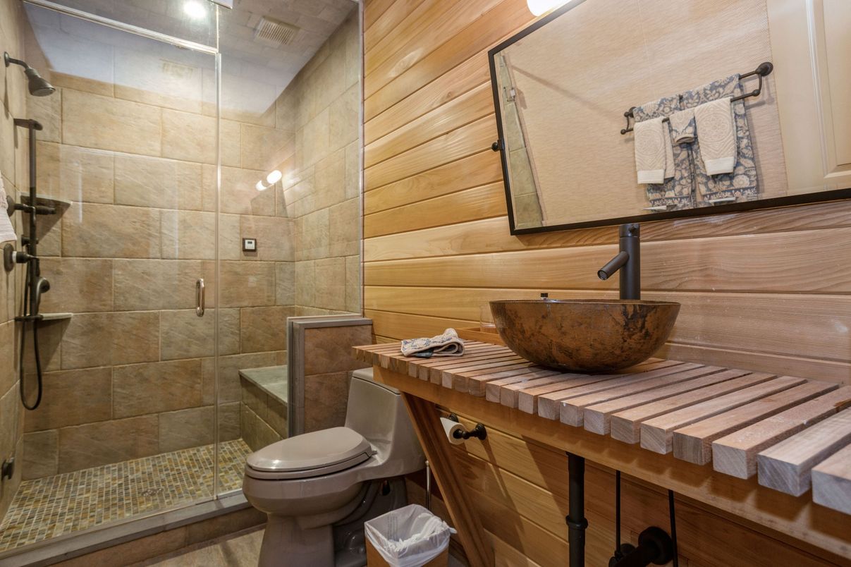 Bathroom, Glass Shower, Interior, Tile Countertops, Wooden Walls
