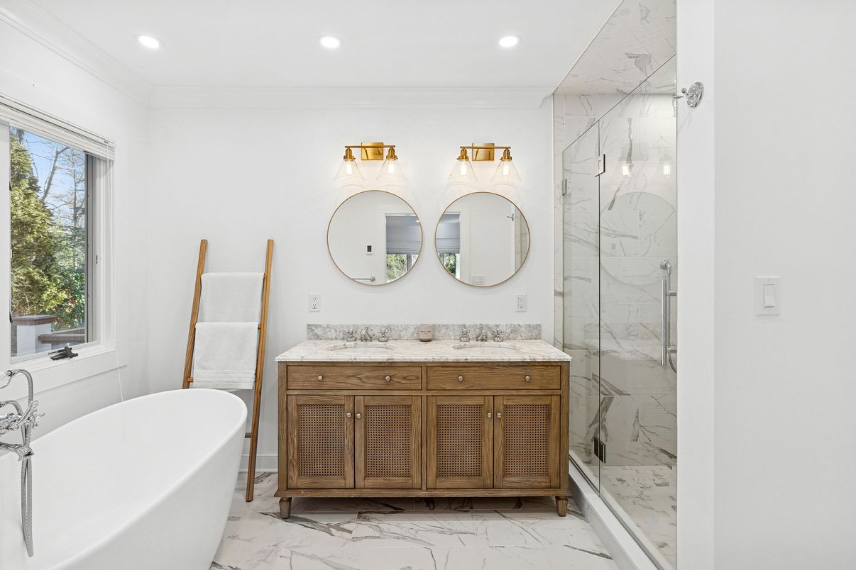 Bathroom, Dual Sink Vanities, Free Standing Baths, Interior, Marble, Marble Walls, Recessed Lighting