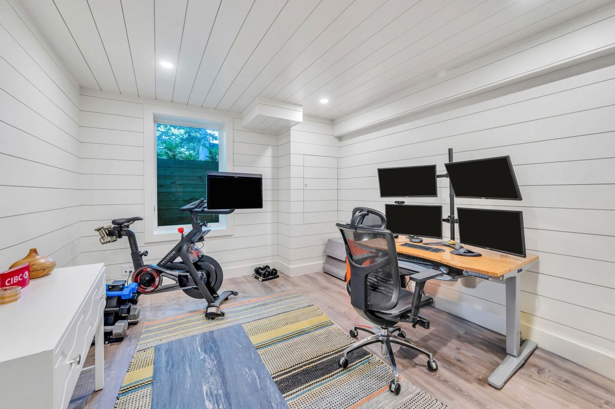 Fitness Equipment, Home Office, Interior, Recessed Lighting, Wood Texture Flooring