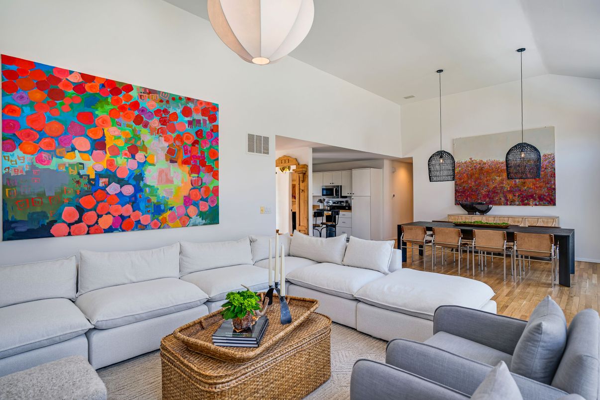 Dining room, Interior, Living room, Pendant Lights, Wood Texture Flooring