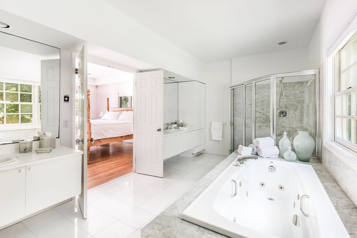 Bathroom, Bedroom, Dual Sink Vanities, Glass Shower, Interior, Wood Texture Flooring