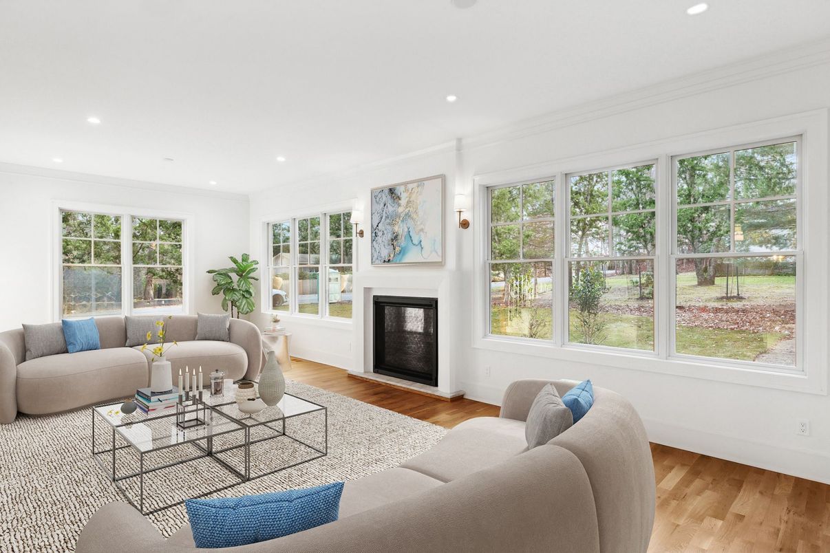 Fireplace, Interior, Living room, Recessed Lighting, Wood Texture Flooring