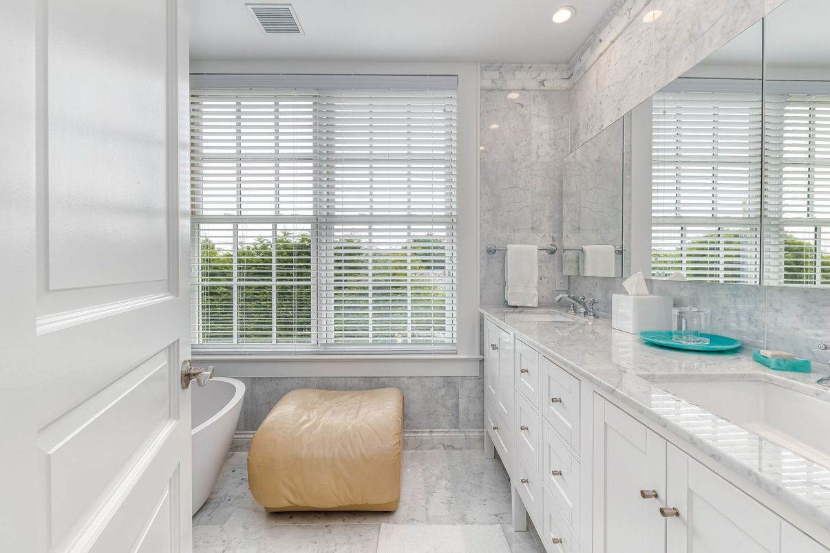 Bathroom, Dual Sink Vanities, Interior, Marble, Marble Walls, Recessed Lighting