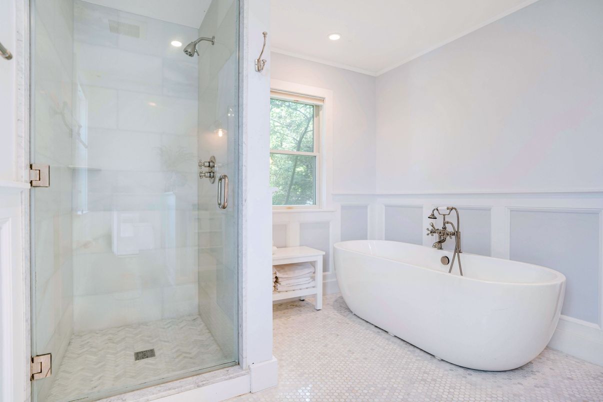 Bathroom, Free Standing Baths, Glass Shower, Interior, Marble Walls, Recessed Lighting