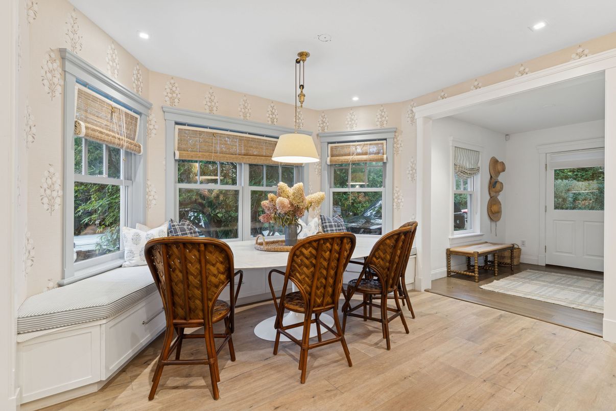 Dining room, Interior, Pendant Lights, Recessed Lighting, Wood Texture Flooring