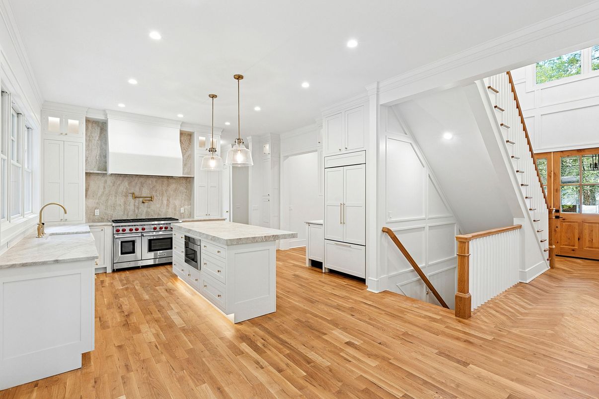 Interior, Kitchen, Pendant Lights, Recessed Lighting, Stainless Steel Appliances, Wood Texture Flooring