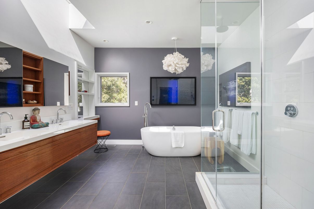 Bathroom, Chandelier, Dual Sink Vanities, Free Standing Baths, Glass Shower, Interior, Recessed Lighting