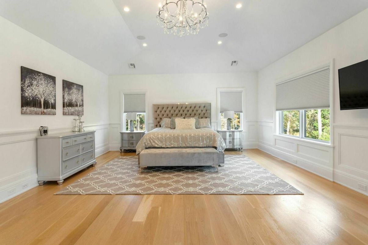 Bedroom, Chandelier, Interior, Recessed Lighting, Wood Texture Flooring