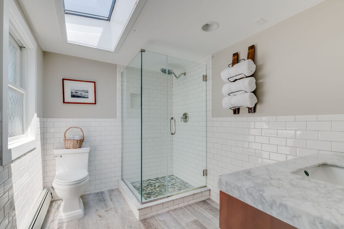 Bathroom, Glass Shower, Interior, Wood Texture Flooring