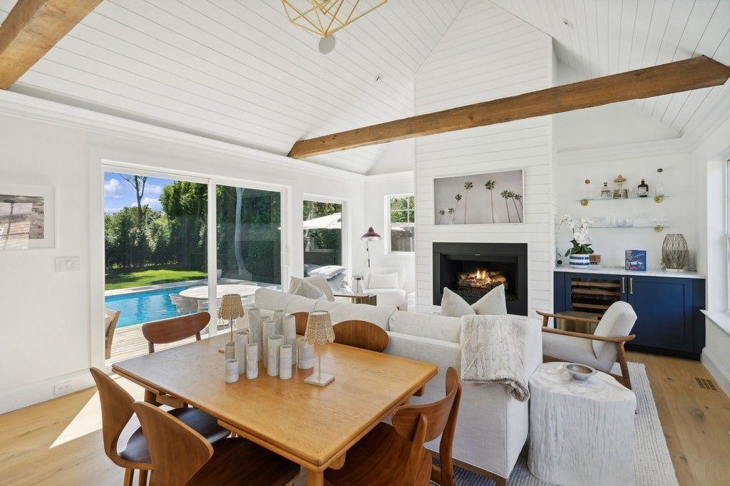 Dining room, Fireplace, Interior, Living room, Stone Walls, Wooden Beams, Wood Texture Flooring