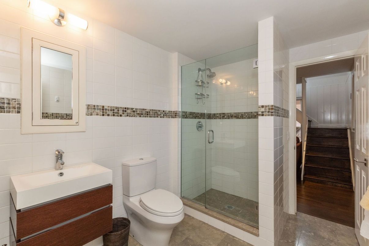 Bathroom, Glass Shower, Interior, Wood Texture Flooring