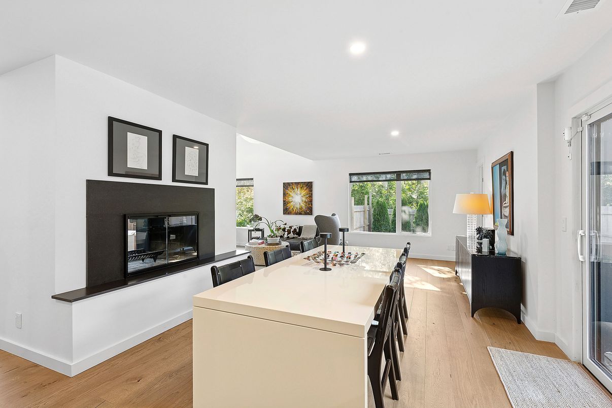 Fireplace, Interior, Kitchen, Recessed Lighting, Wood Texture Flooring