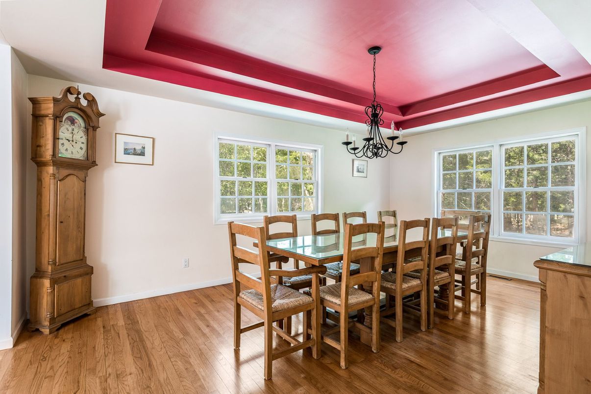Dining room, Interior, Pendant Lights, Wood Texture Flooring