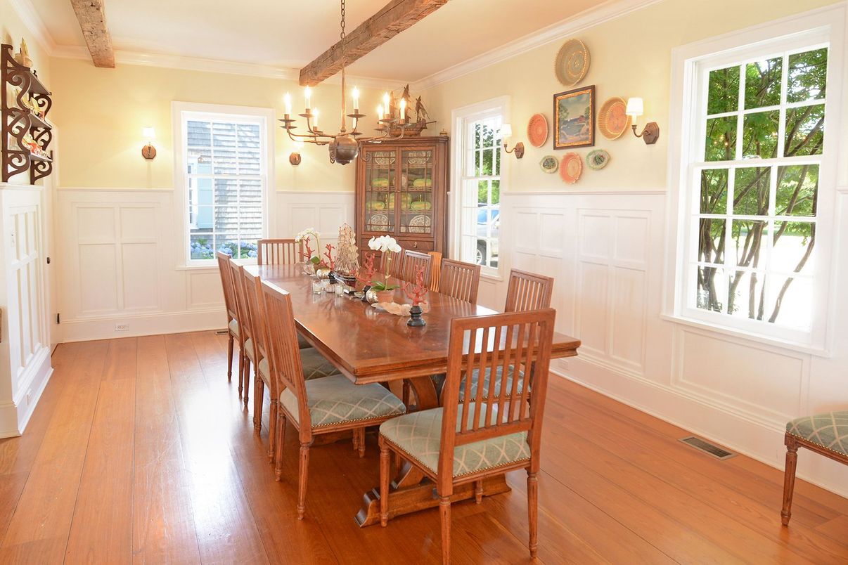 Chandelier, Dining room, Interior, Wooden Beams, Wood Texture Flooring