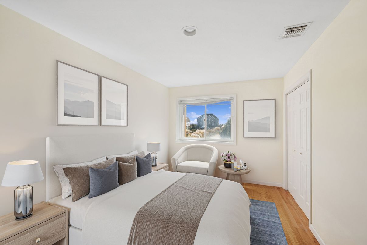 Bedroom, Interior, Recessed Lighting, Wood Texture Flooring