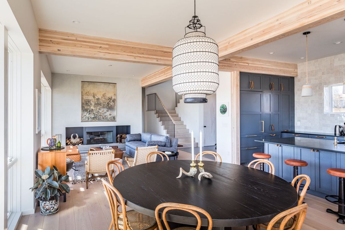 Dining room, Fireplace, Interior, Kitchen, Living room, Pendant Lights, Recessed Lighting, Wooden Beams, Wood Texture Flooring