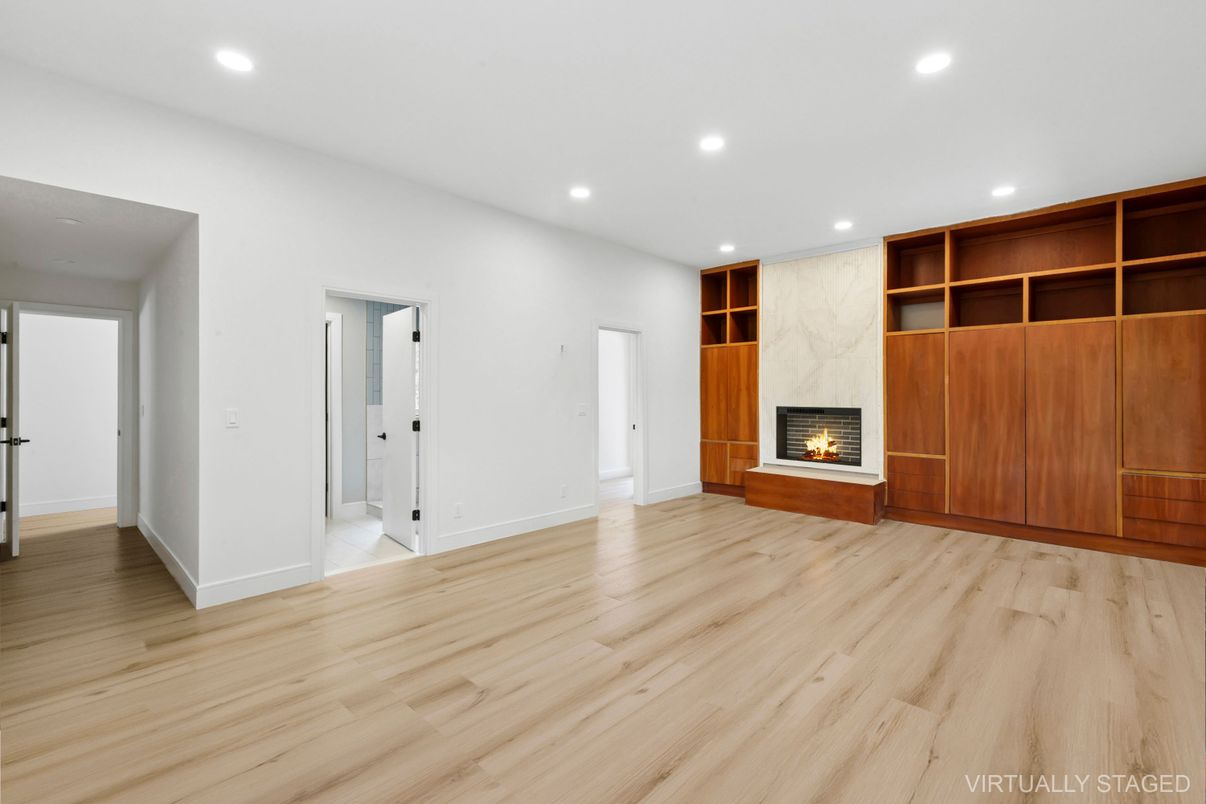 Empty room, Fireplace, Interior, Recessed Lighting, Wood Texture Flooring