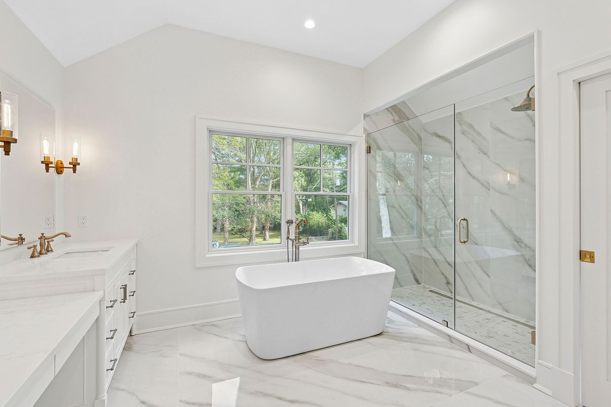 Bathroom, Free Standing Baths, Glass Shower, Interior, Marble, Marble Walls, Recessed Lighting