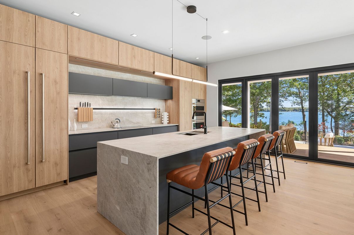 Interior, Kitchen, Pendant Lights, Recessed Lighting, Stainless Steel Appliances, Water, Wood Texture Flooring