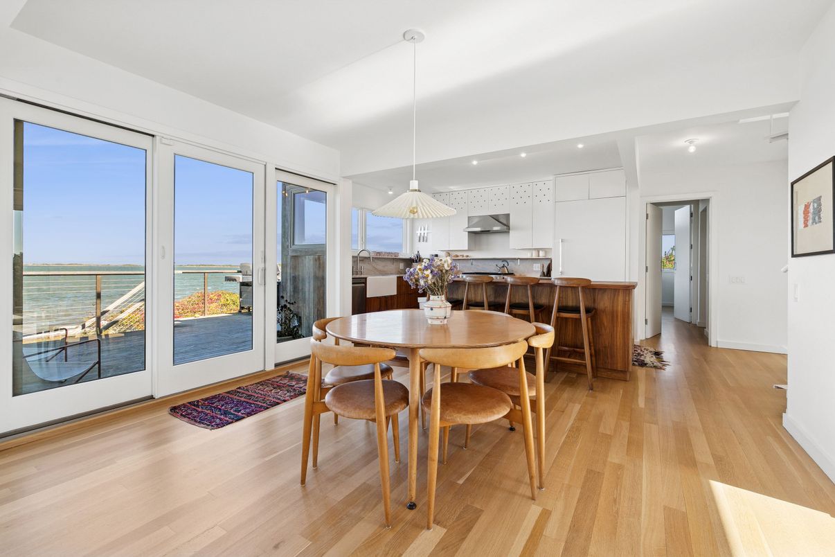 Dining room, Interior, Kitchen, Pendant Lights, Recessed Lighting, Water, Wood Texture Flooring