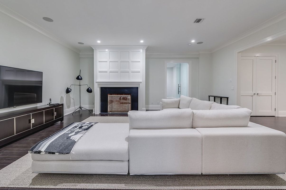 Fireplace, Interior, Living room, Recessed Lighting, Wood Texture Flooring