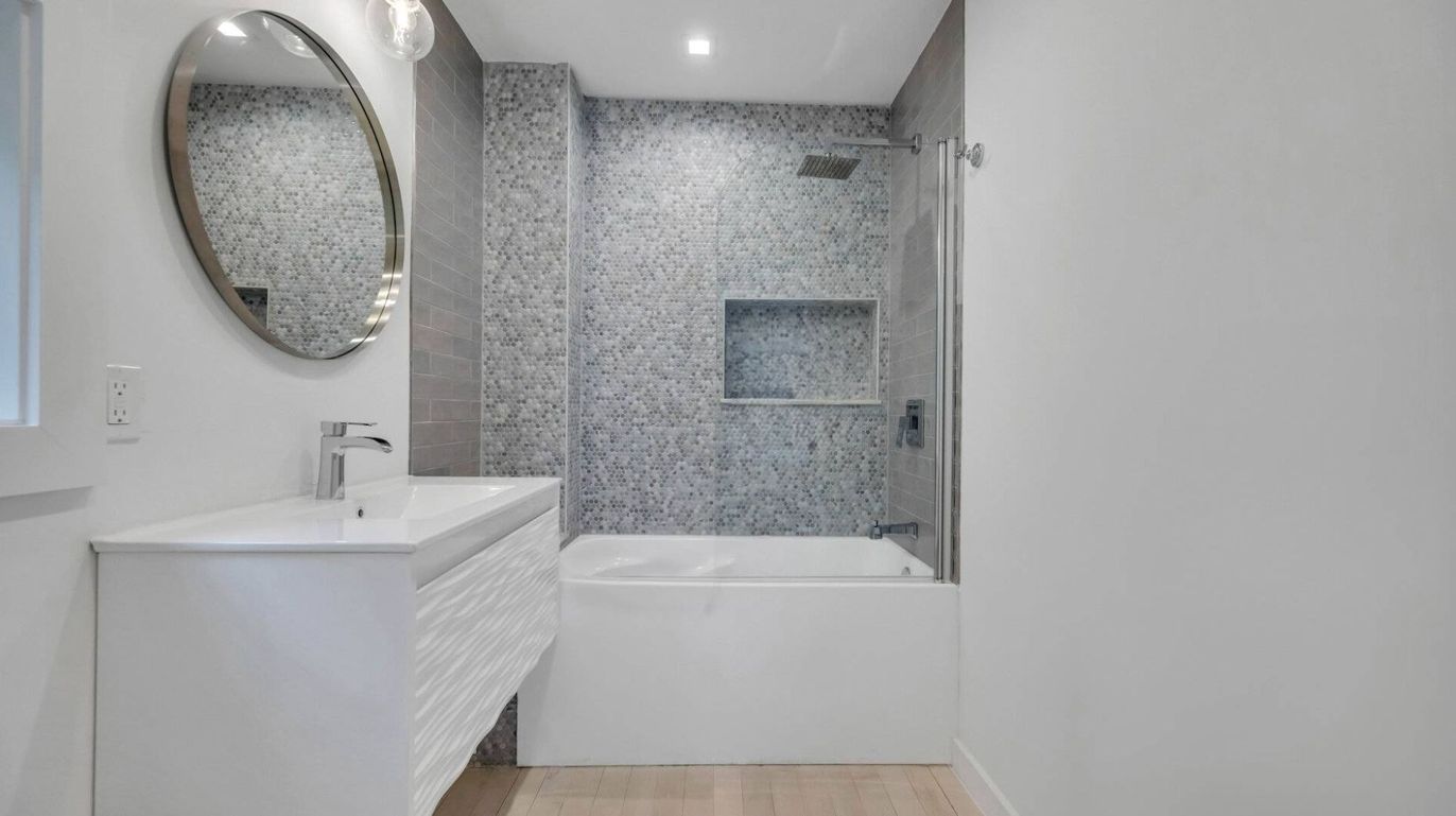 Bathroom, Glass Shower, Interior, Recessed Lighting, Wood Texture Flooring
